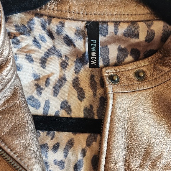 PowWow Leather Jacket Women's 6 Gold Bronze Short Moto Leopard‎ Lining Biker Zip - Picture 3 of 14